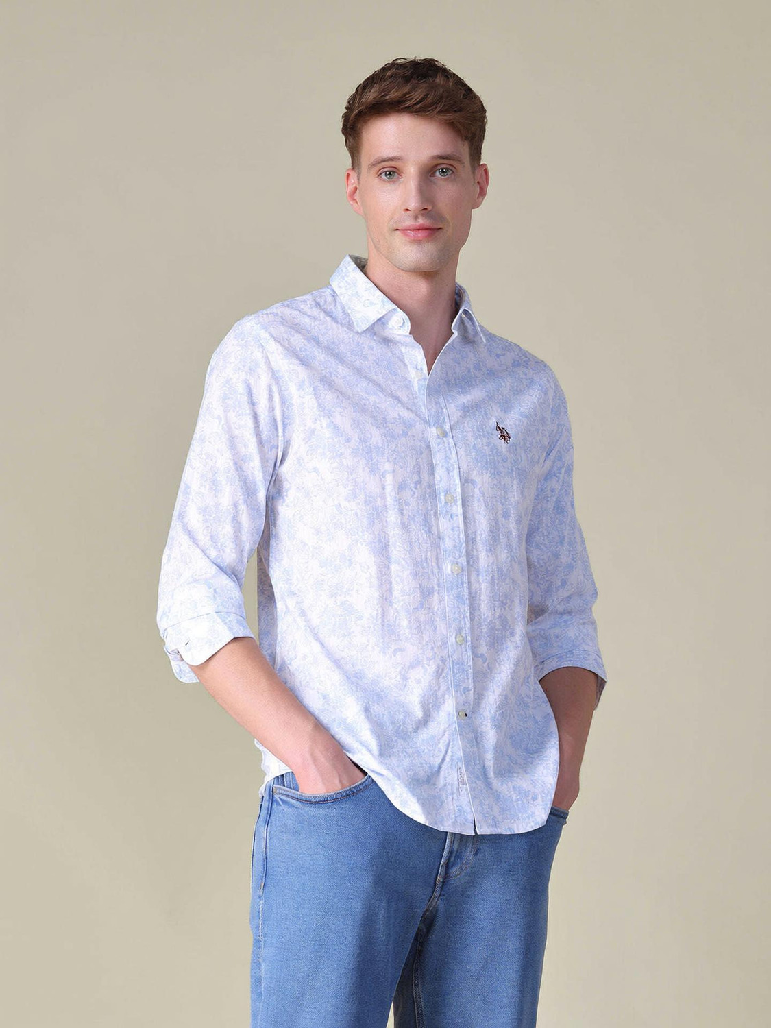 Image of U.S. POLO ASSN. Men Tailored Fit Floral Print Cut Away Collar Casual Shirt