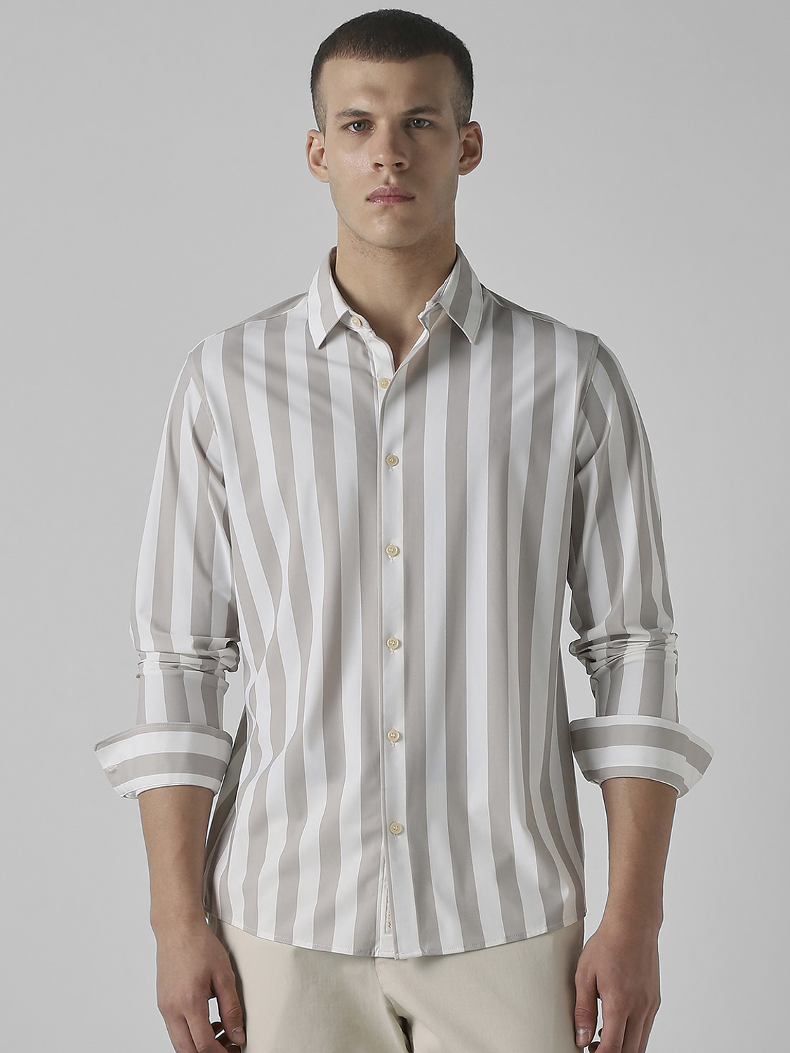 Image of MUFTI Men Striped Casual Grey Shirt