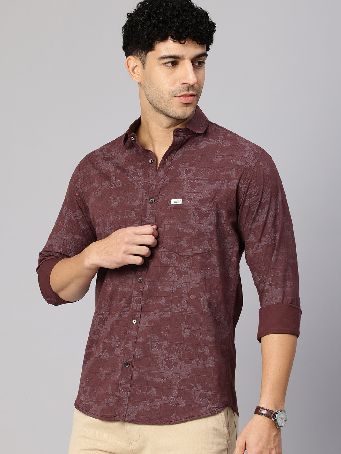 Image of Majestic Man Men Printed, Checkered Casual Maroon Shirt