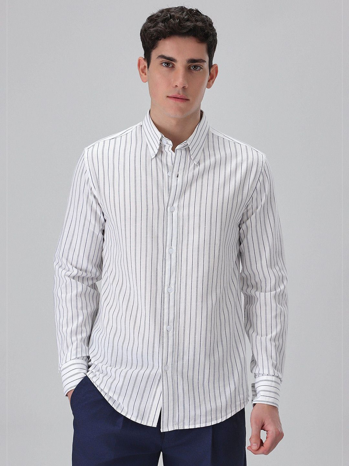 Image of Banana Club Men Striped Formal White Shirt