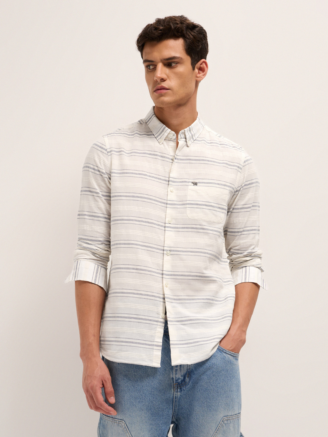 Image of THE BEAR HOUSE Men Striped Casual White Shirt