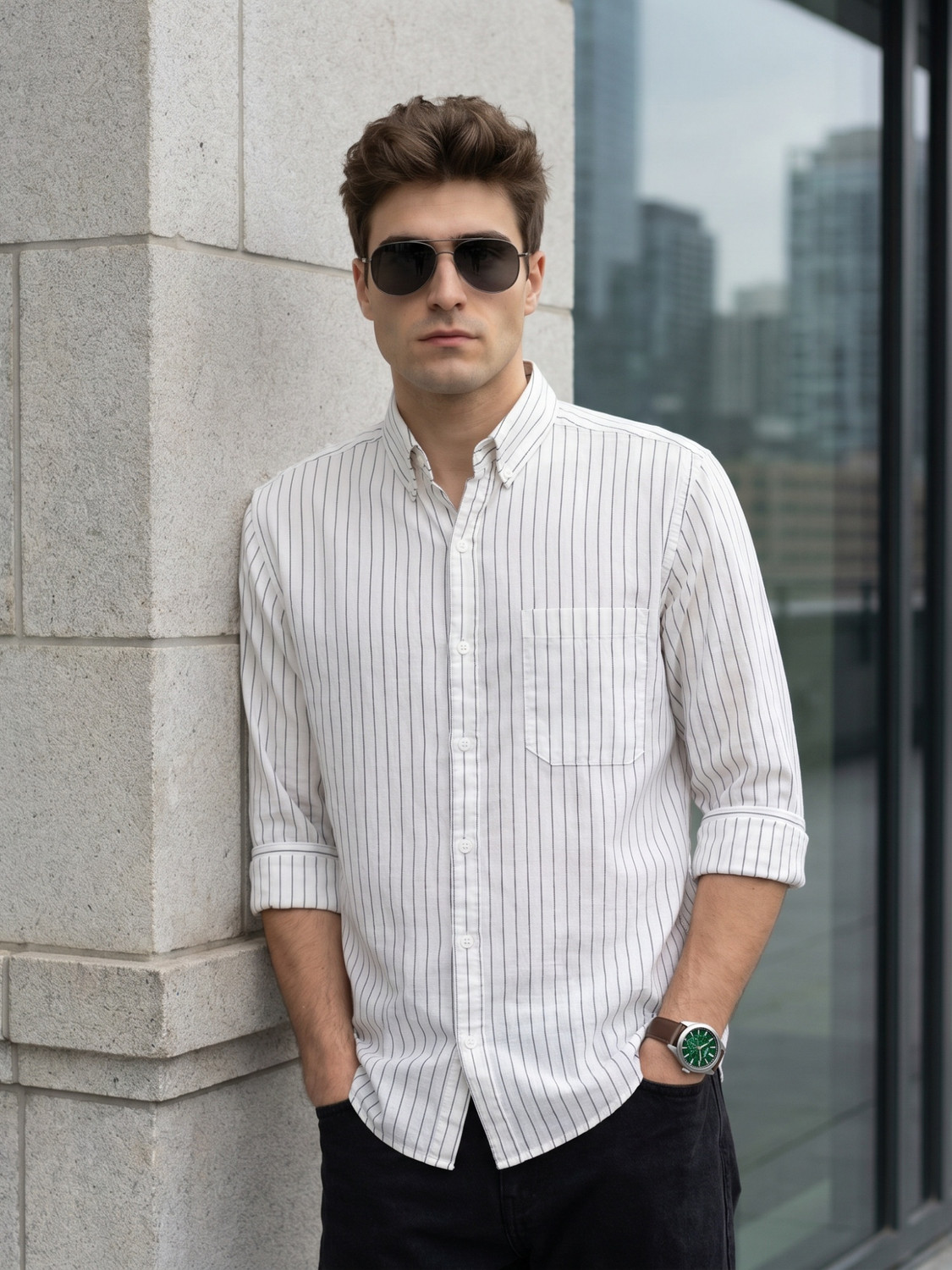 Image of KUONS AVENUE Men Striped Casual White, Grey Shirt