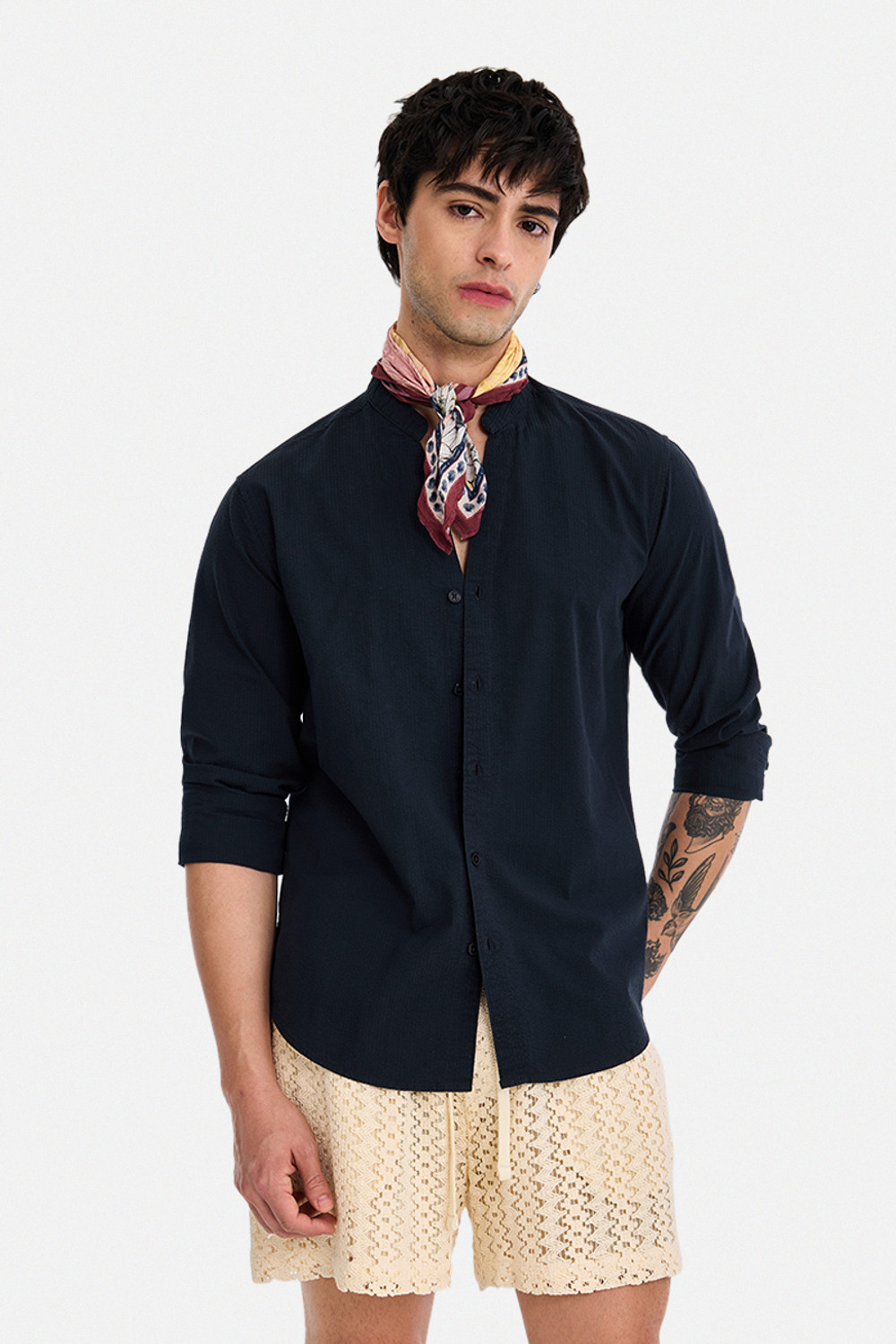Image of Snitch Men Solid Casual Dark Blue Shirt