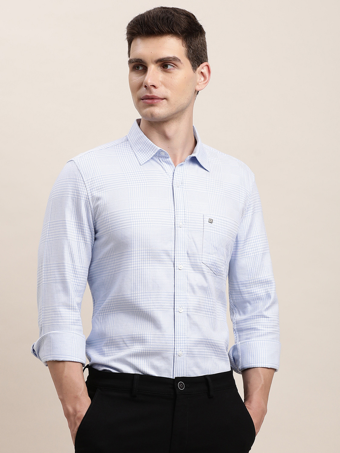 Image of TURTLE Men Checkered Casual Light Blue Shirt