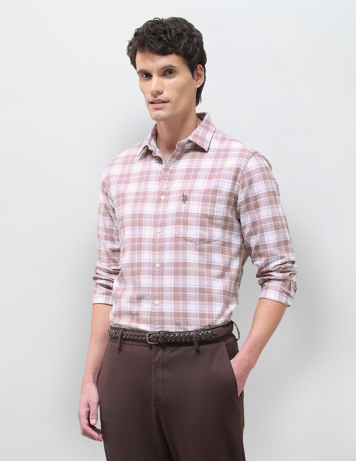 Image of U.S. POLO ASSN. Men Checkered Casual Brown Shirt