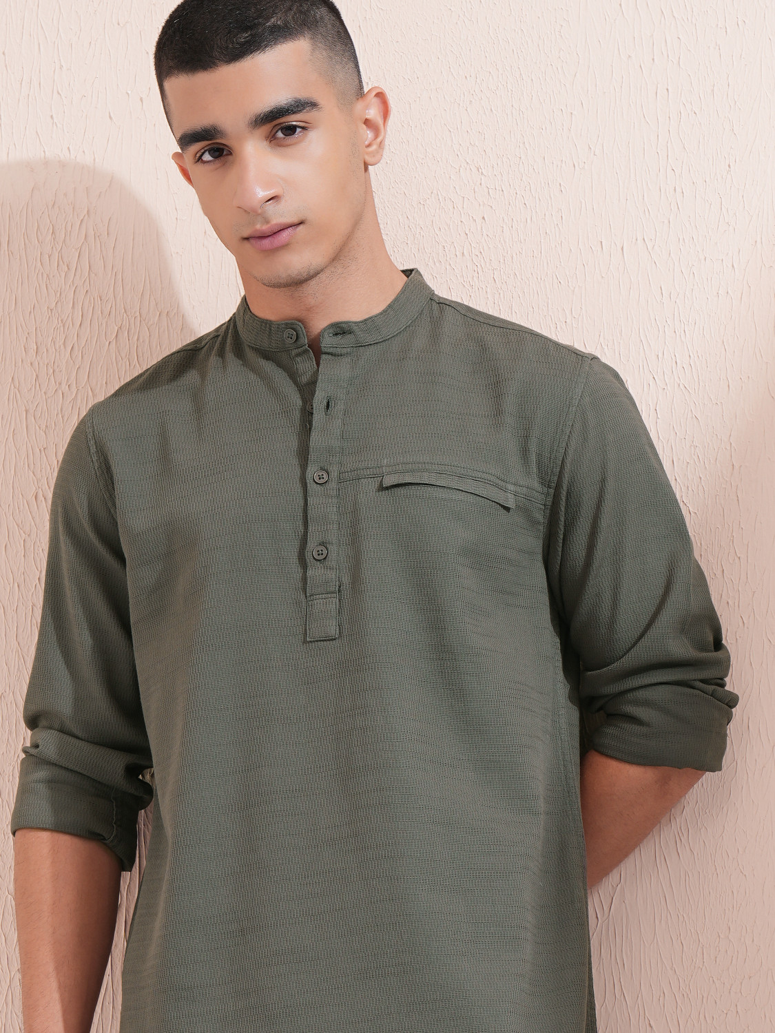 Image of HIGHLANDER Men Self Design Casual Green Shirt