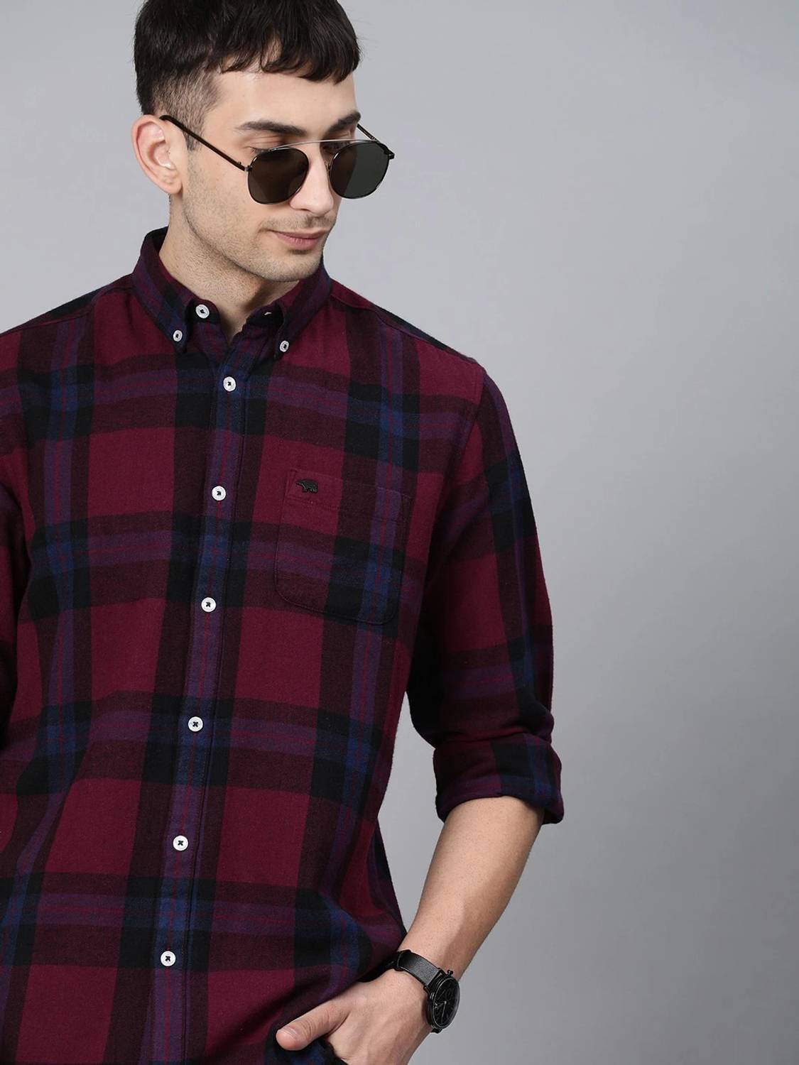 THE BEAR HOUSE Men Slim Fit Checkered Cut Away Collar Casual Shir