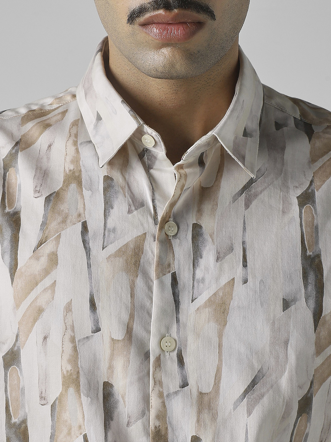 Image of MUFTI Men Printed Casual Beige, White Shirt