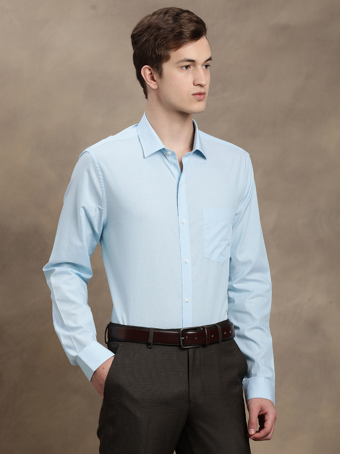 Image of TURTLE Men Solid Formal Light Blue Shirt