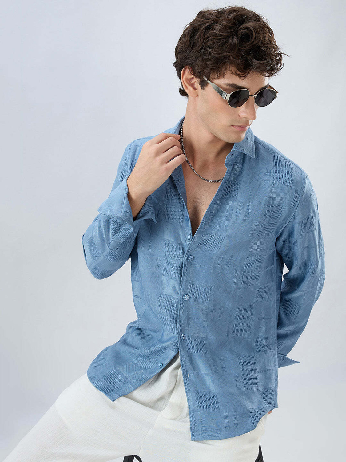 Image of VASTRADO Men Self Design Casual Blue Shirt