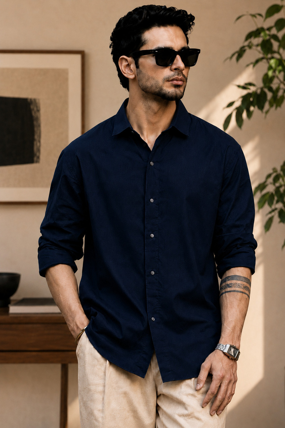 Image of BROCON Men Solid Casual Dark Blue Shirt