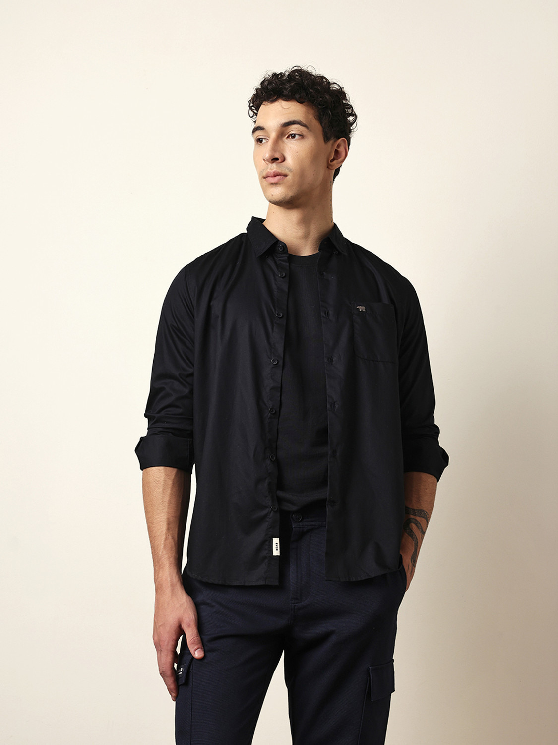 Image of THE BEAR HOUSE Men Solid Casual Black Shirt