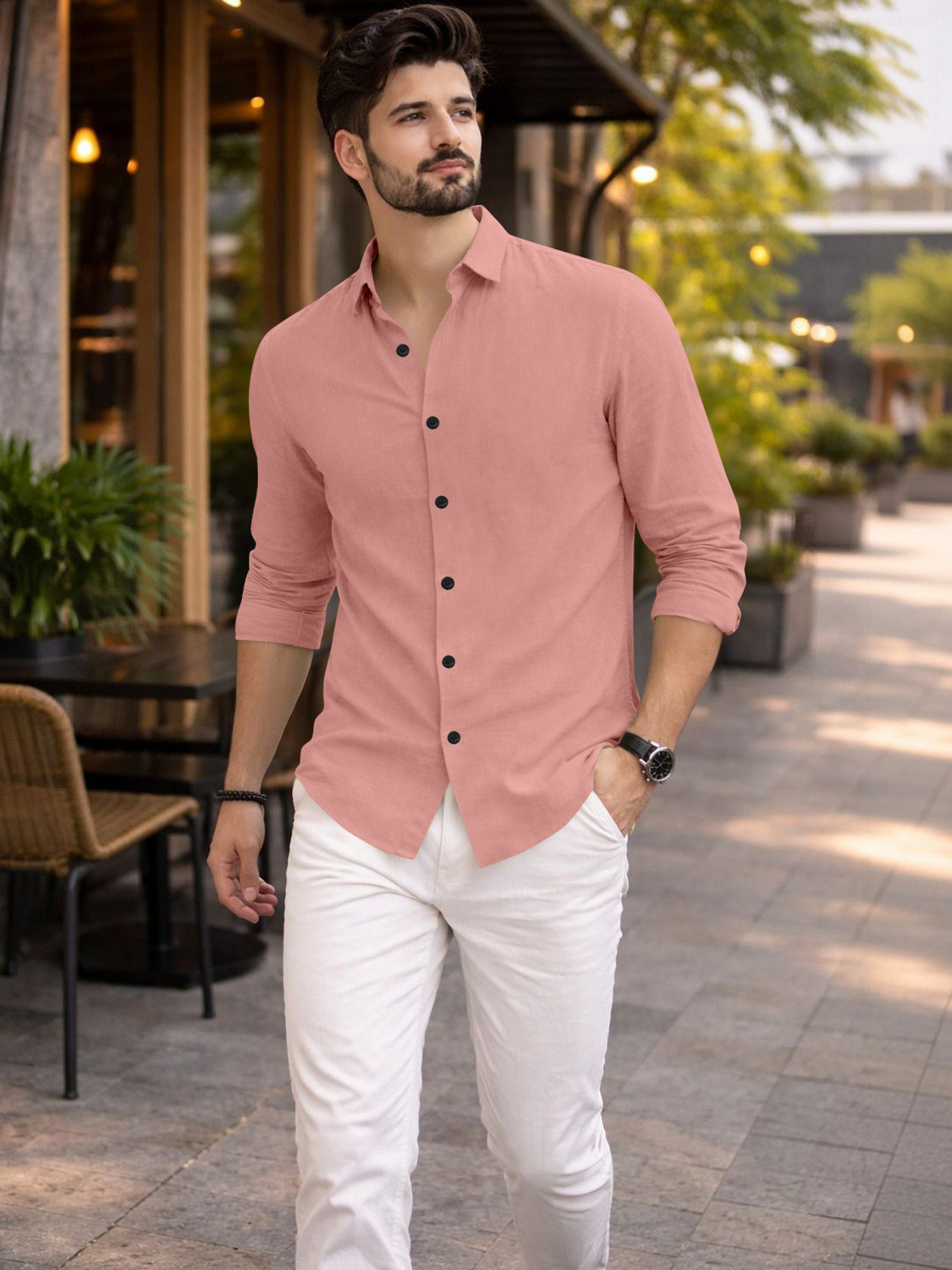 Image of Mameru Men Regular Fit Solid Cut Away Collar Casual Shirt