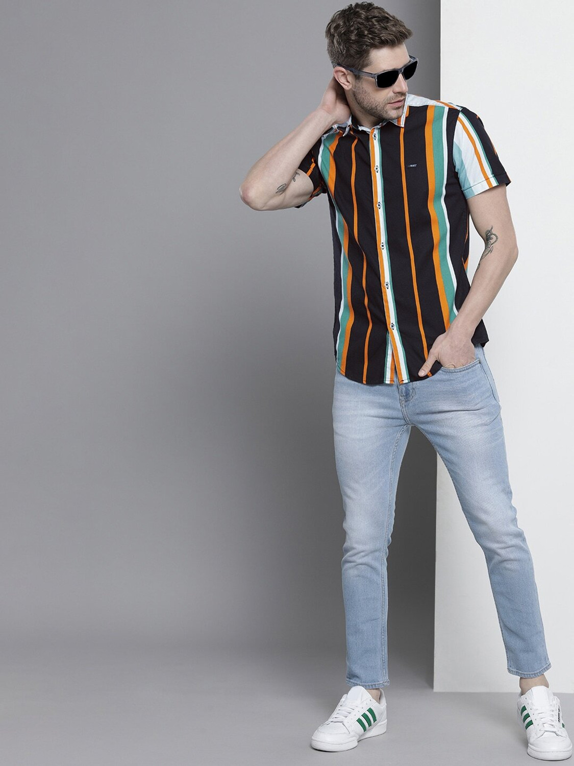 Image of The Indian Garage Co. Men Striped Beach Wear Black Shirt