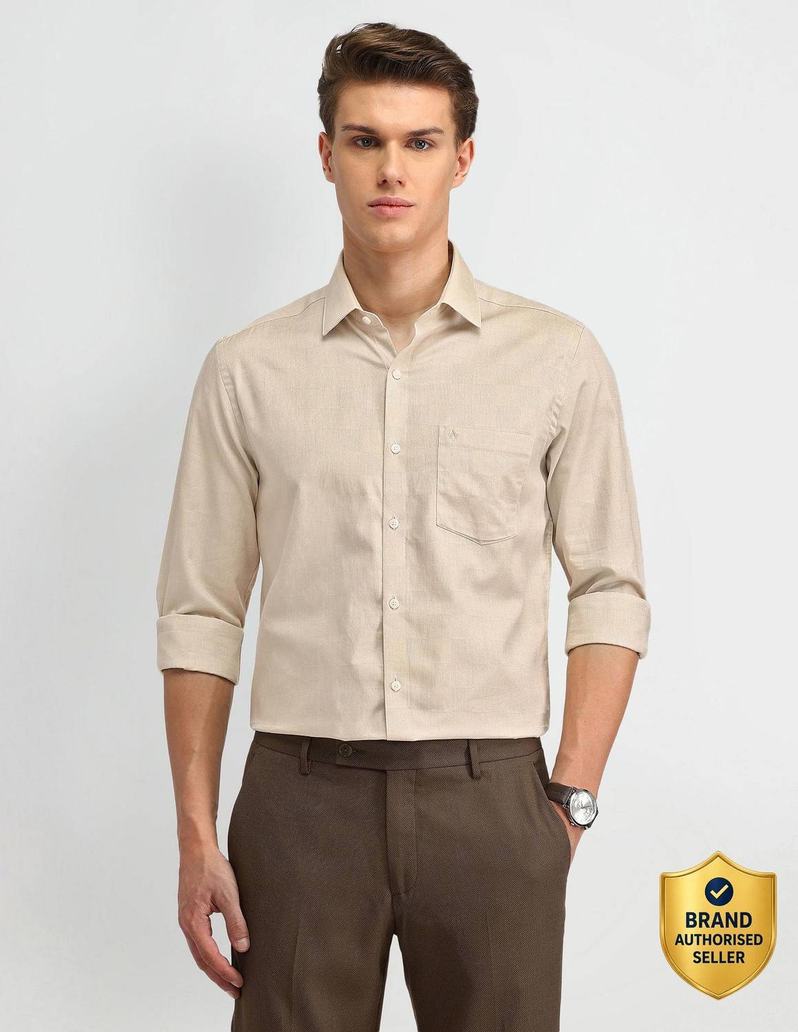 ARROW Men Printed Formal Beige Shirt