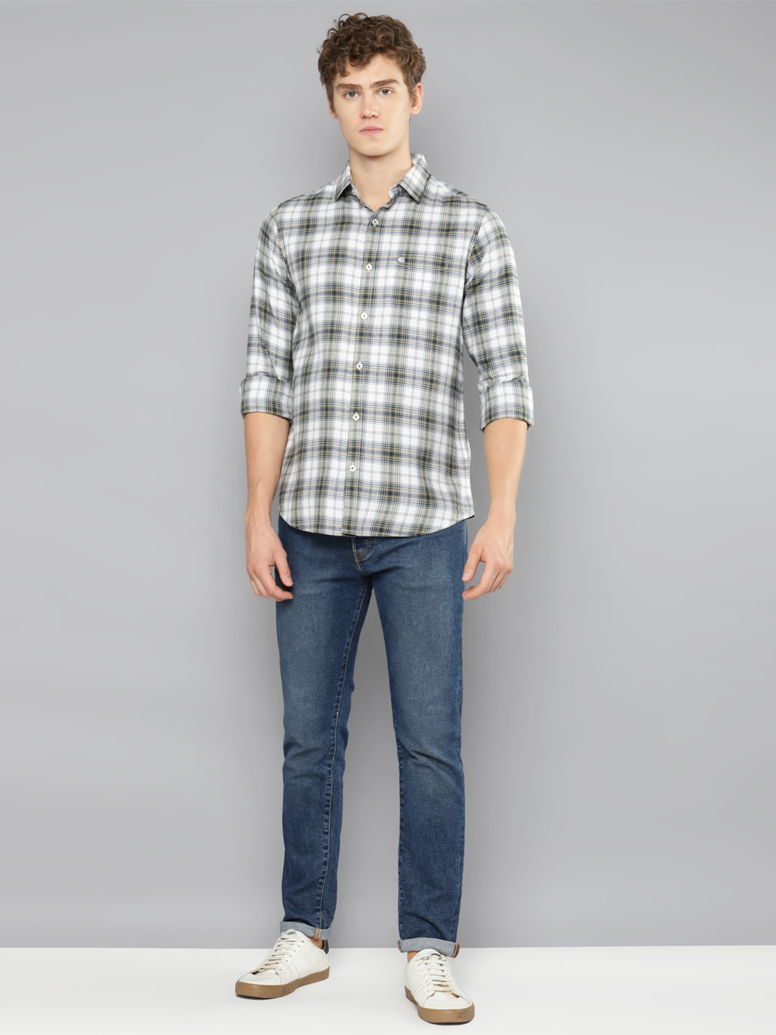 Image of Allen Cooper Men Checkered Casual Grey, White Shirt