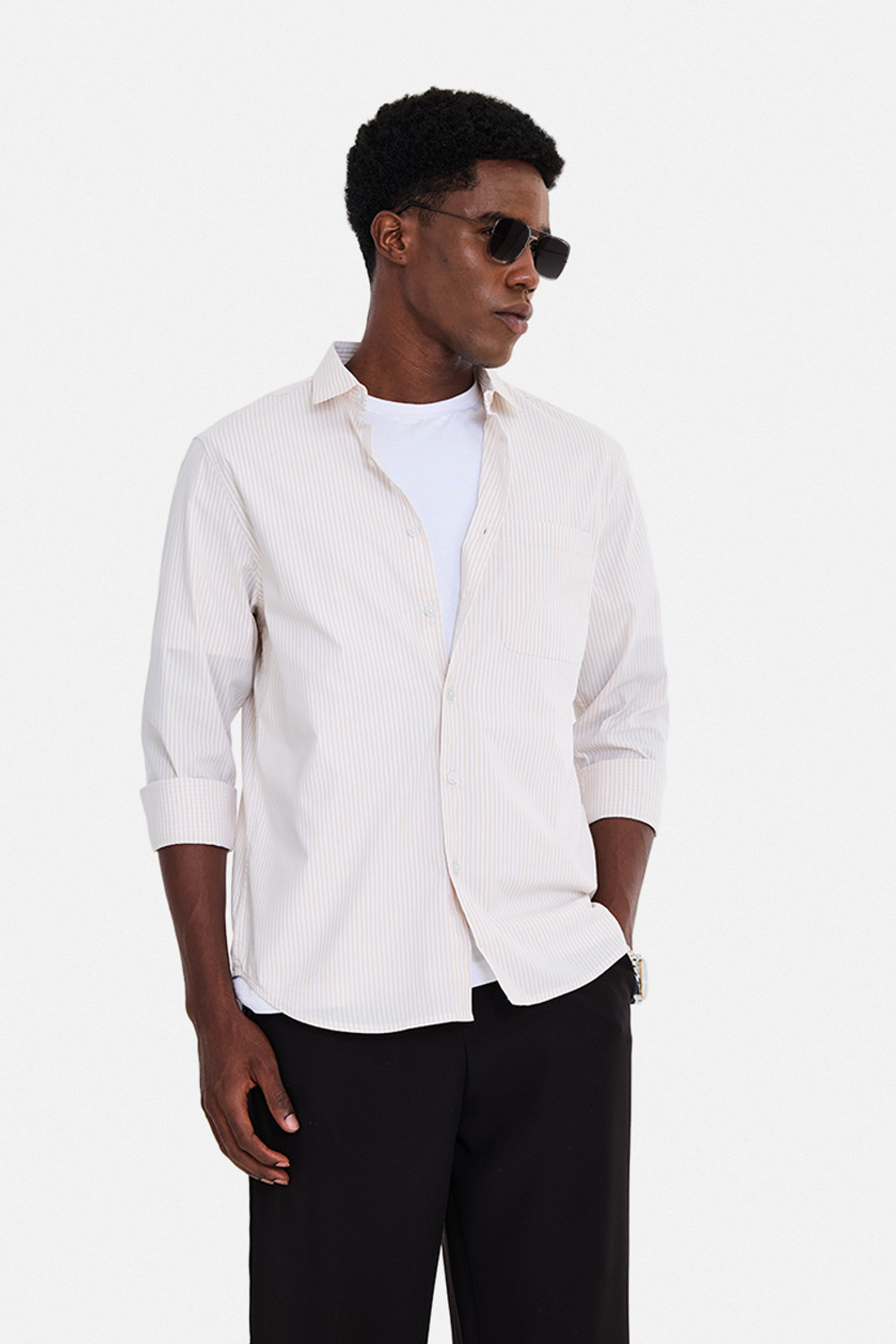 Snitch Men Striped Casual Beige Shirt
