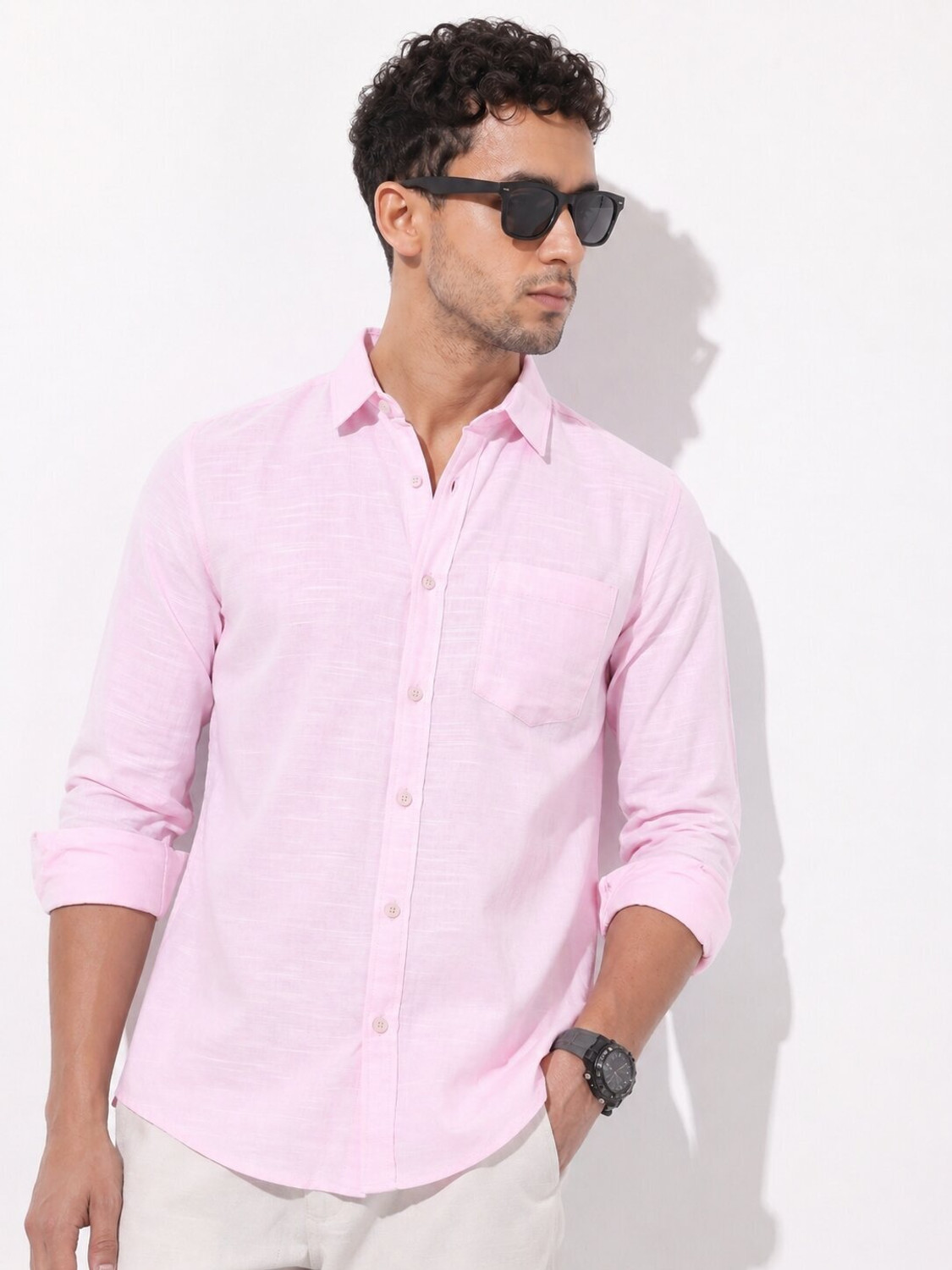 Image of MOHICANS Men Solid Casual Pink Shirt