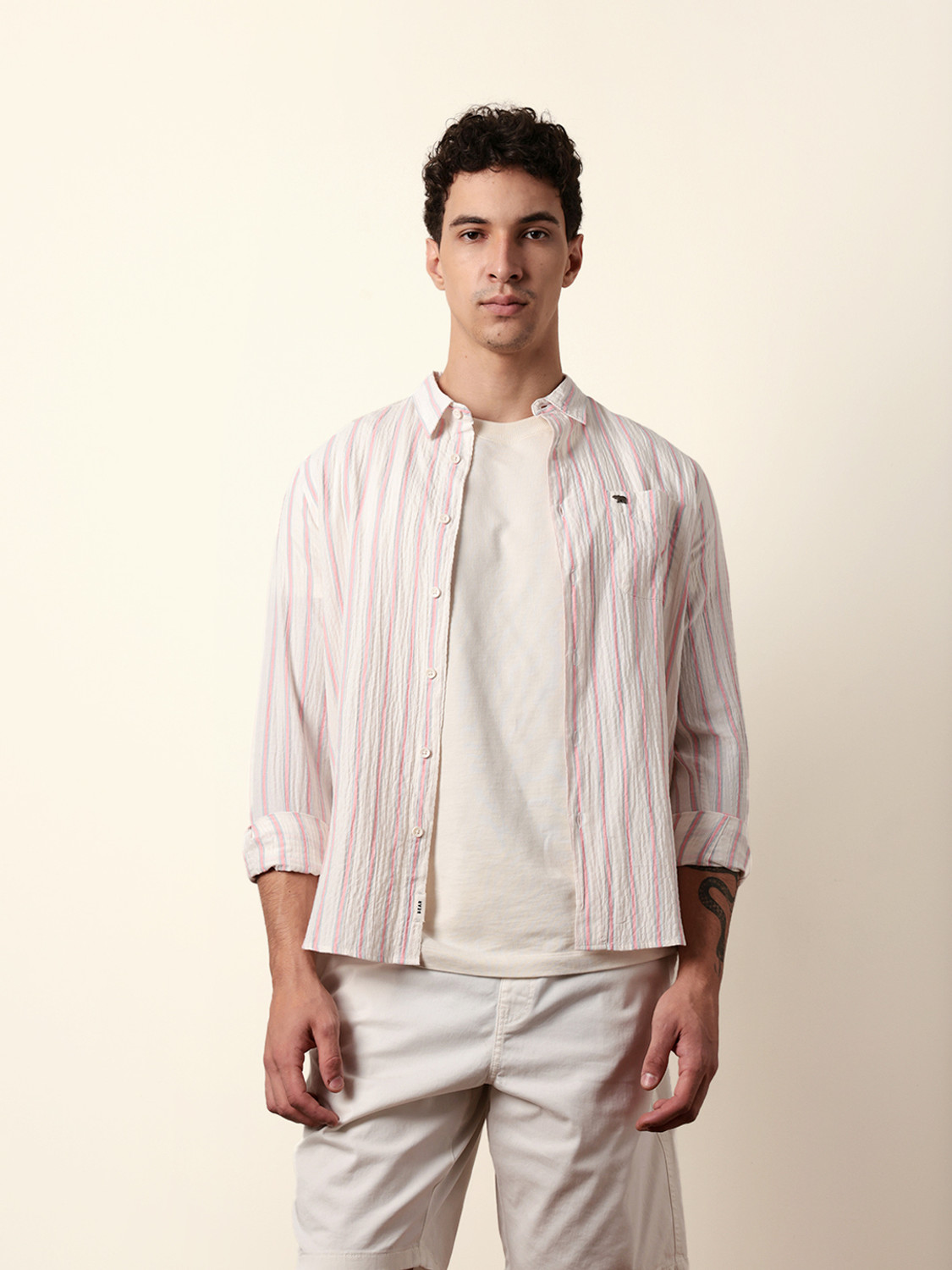 Image of THE BEAR HOUSE Men Striped Casual Pink Shirt