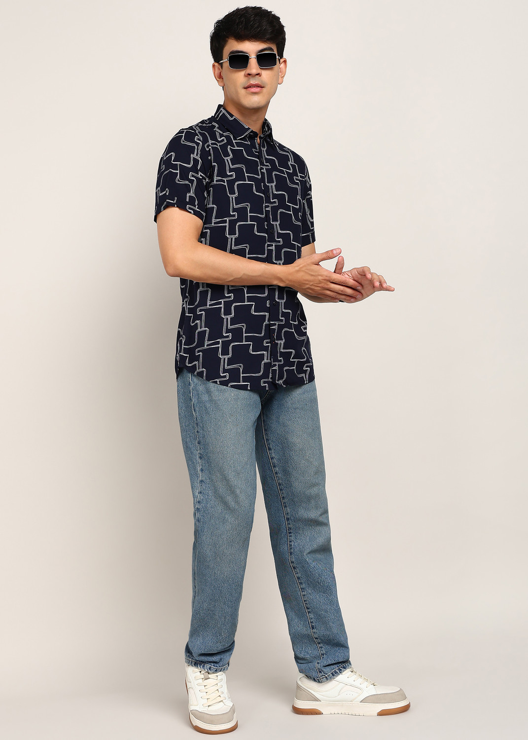 Image of KILLER Men Printed Casual Dark Blue Shirt