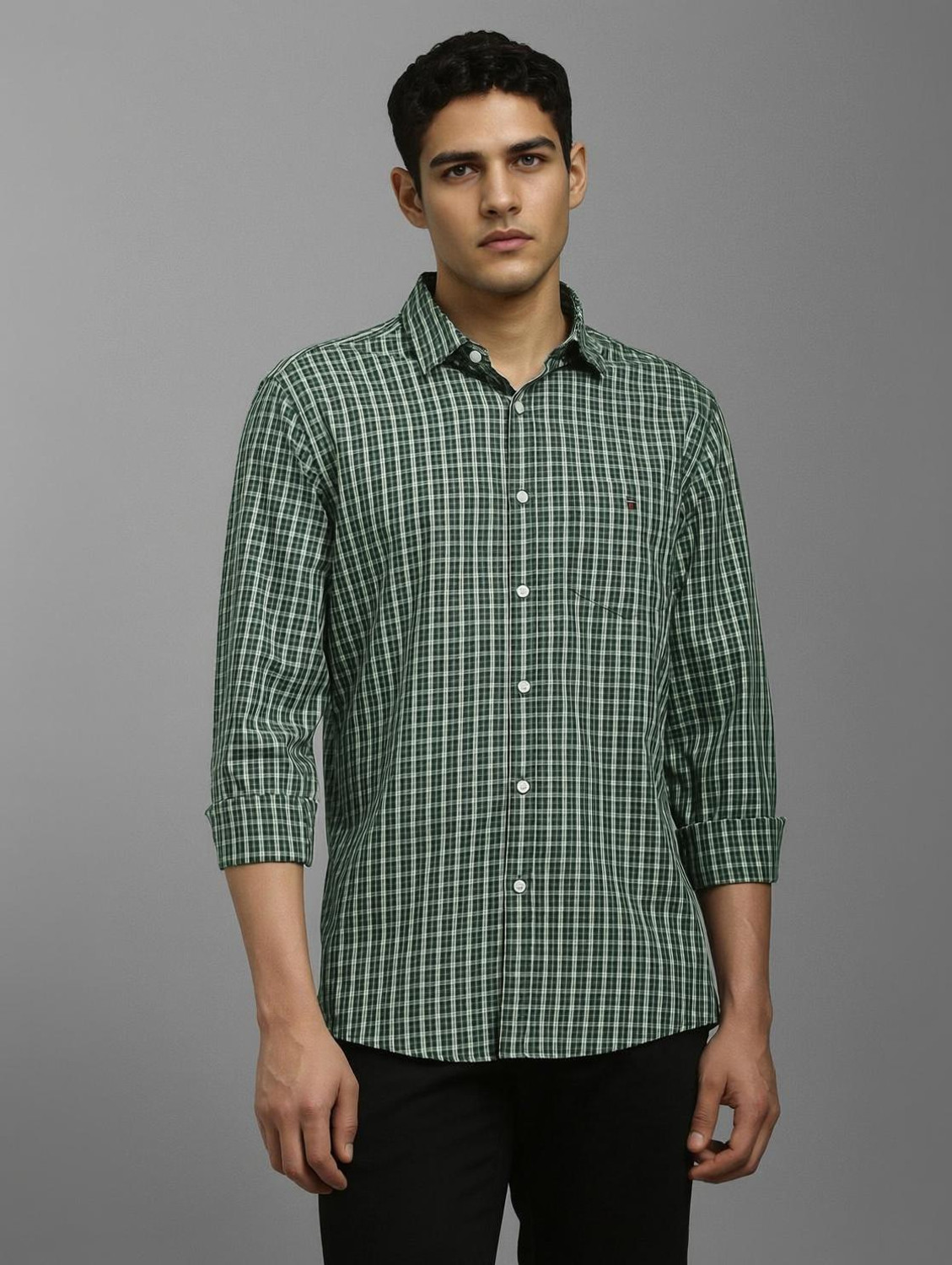 Image of LOUIS PHILIPPE Men Checkered Casual Green Shirt