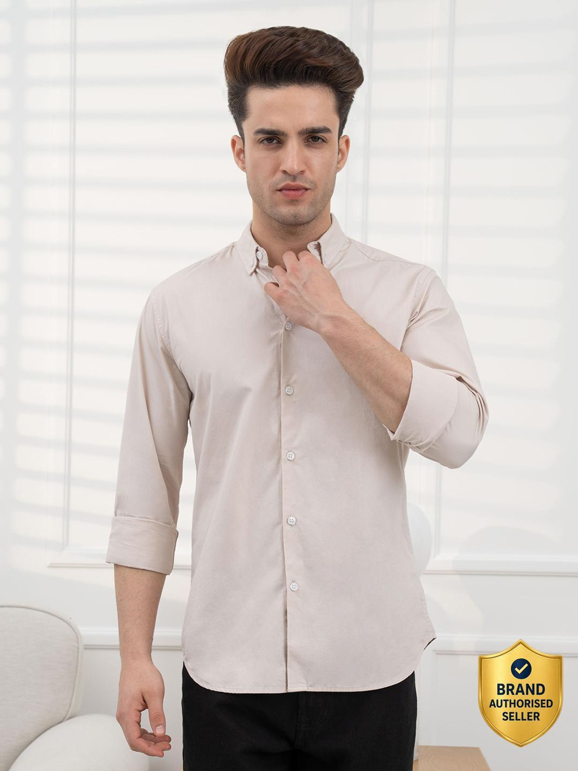 Image of RED TAPE Men Solid Casual Beige Shirt