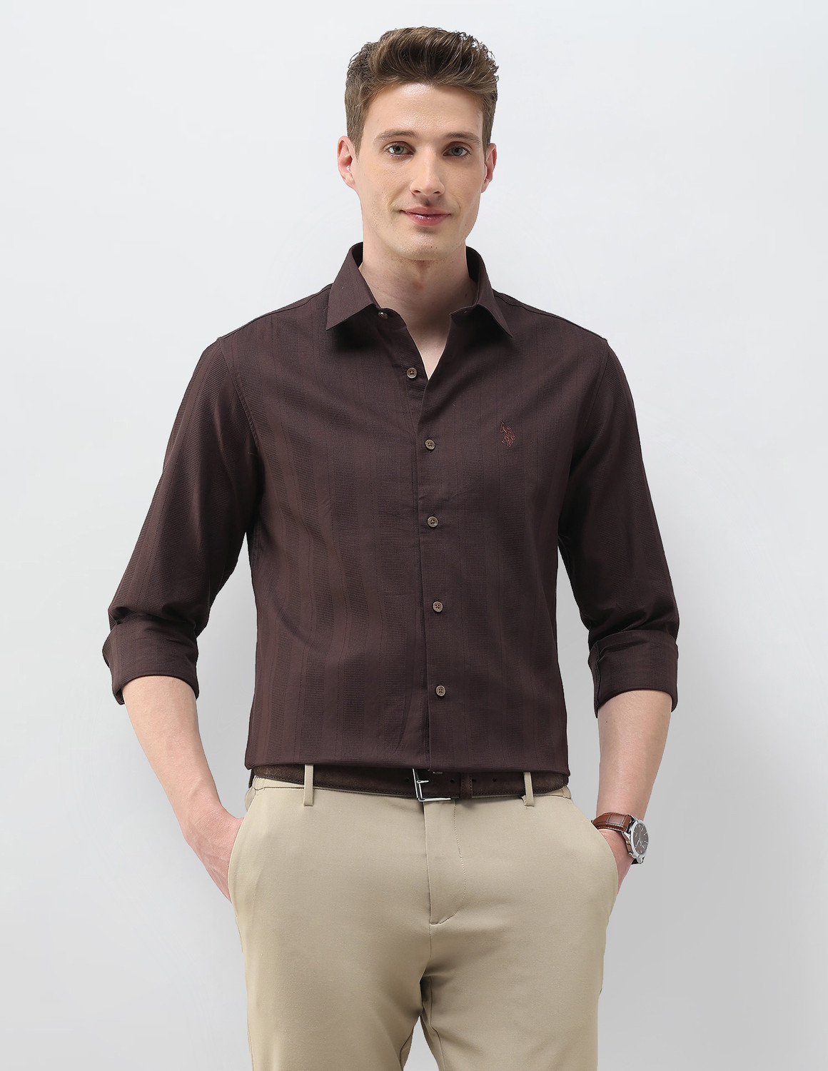 Image of U.S. POLO ASSN. Men Self Design Casual Brown Shirt