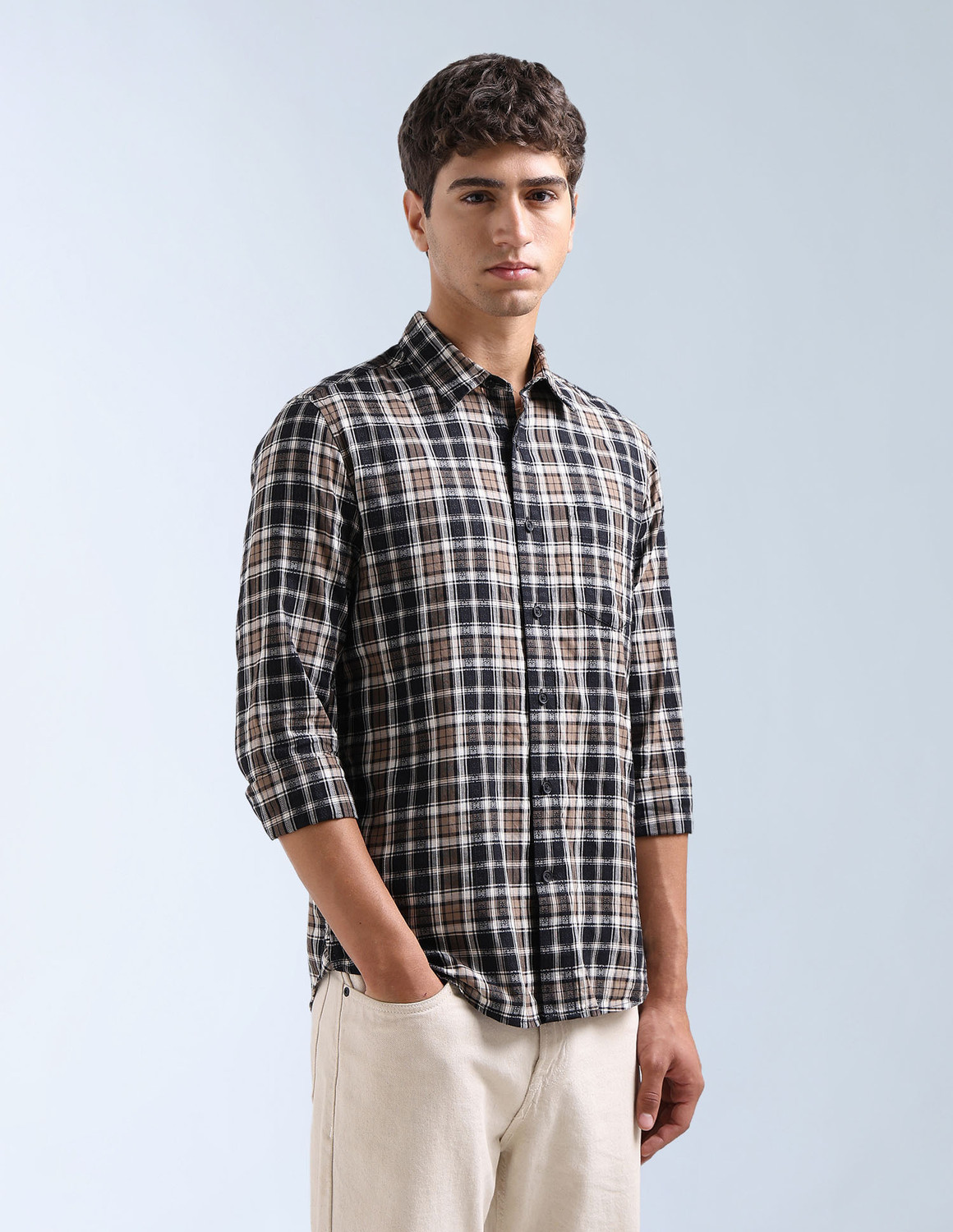 Image of FLYING MACHINE Men Checkered Casual Brown Shirt