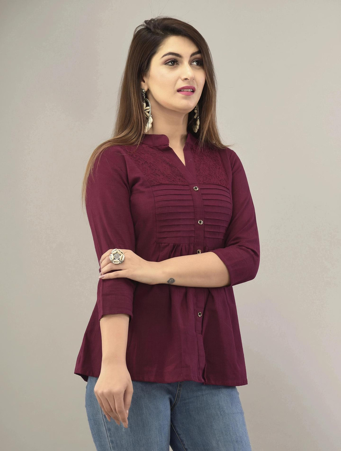 Image of IQRAAR Women Self Design Casual Purple Shirt