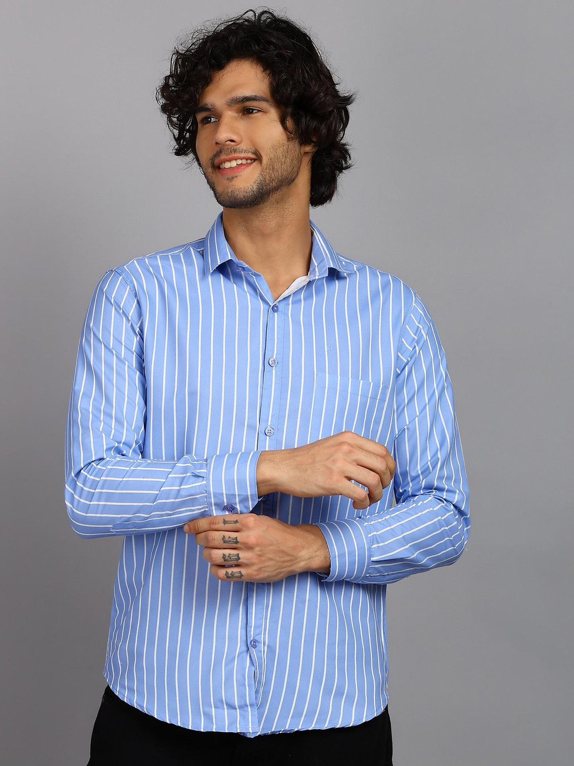 Image of RODEIZ Men Striped Casual Blue Shirt