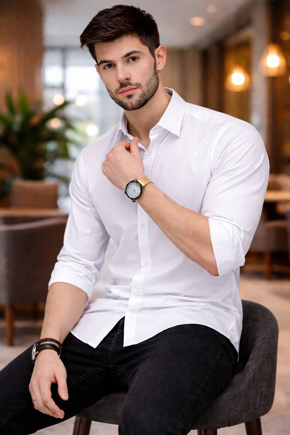 BROCON Men Solid Casual White Shirt