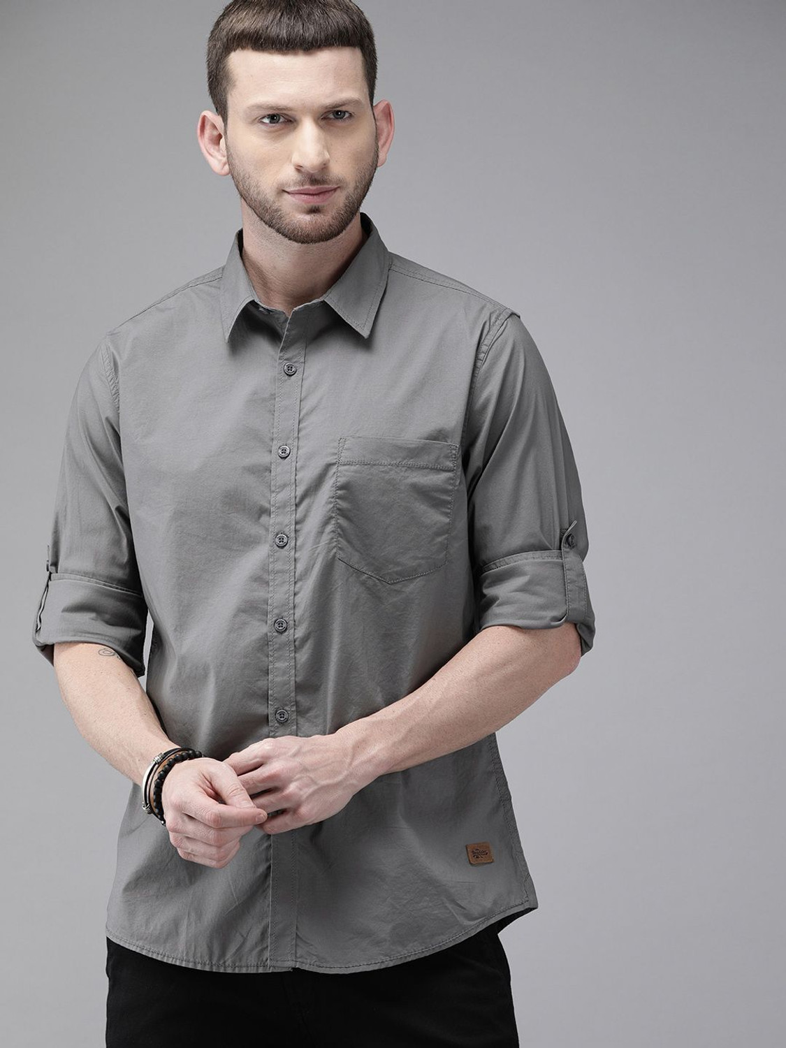 Image of Roadster Men Solid Casual Grey Shirt