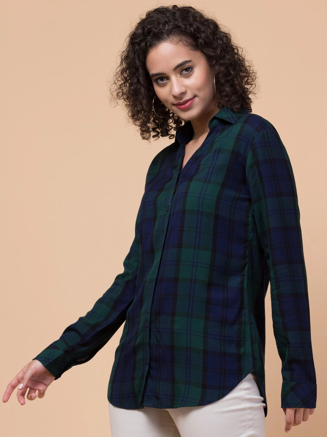 Image of Hive91 Women Checkered Casual Black, Dark Blue, Green Shirt