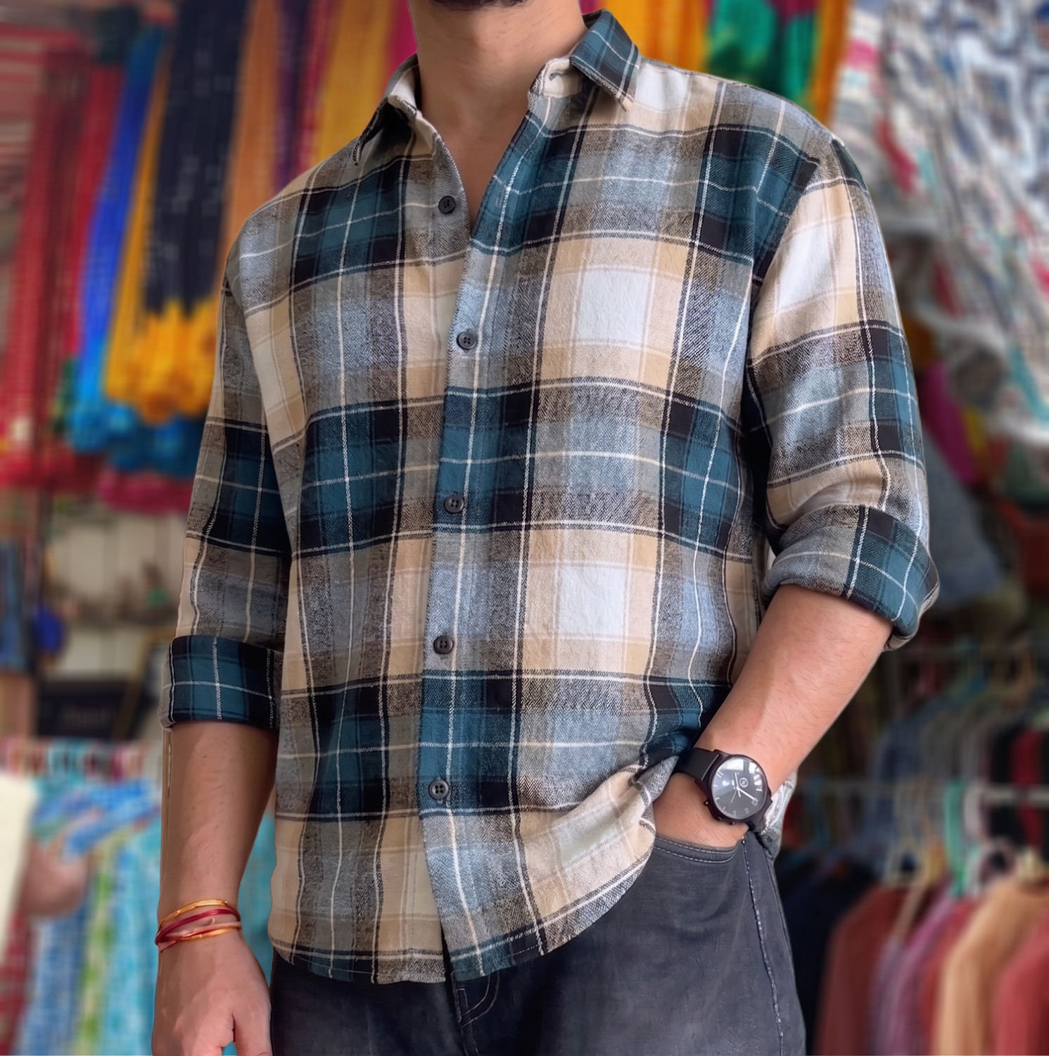 Image of THE BRAVES MANUFACTURER Men Checkered Casual Light Blue Shirt