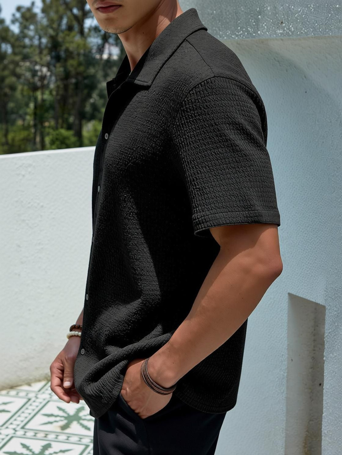 Image of KAJARU Men Self Design Casual Black Shirt