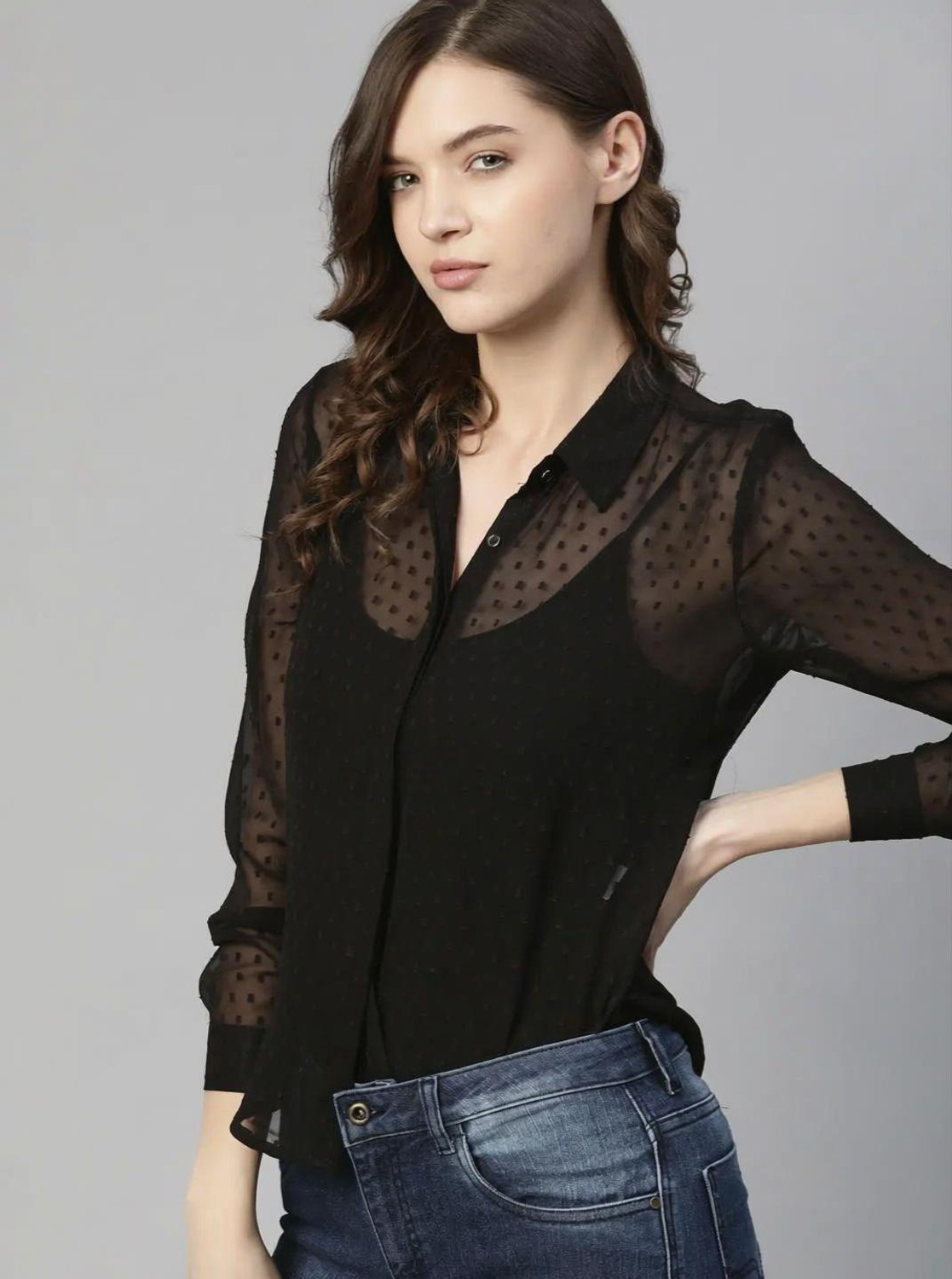 Image of AKSHASTORE Women Self Design Casual Black Shirt