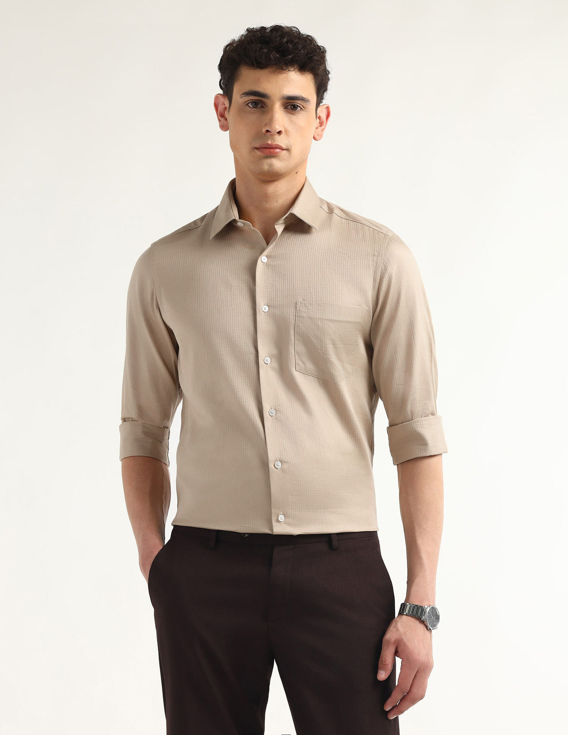 Image of ARROW Men Self Design Formal Beige Shirt