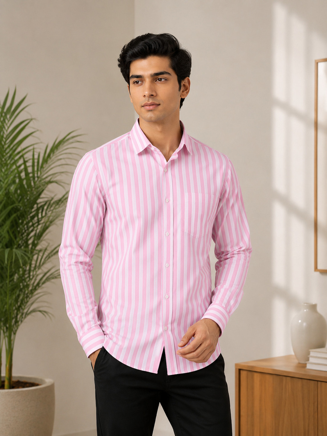 Image of FUBAR Men Striped Casual Pink Shirt