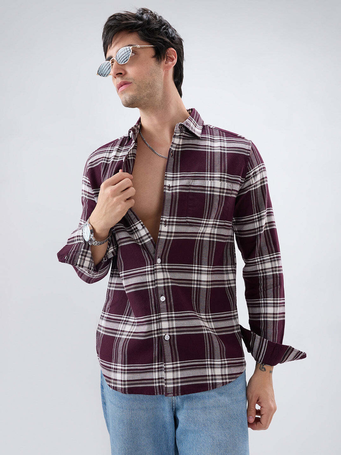 Image of VASTRADO Men Regular Fit Checkered Cut Away Collar Casual Shirt