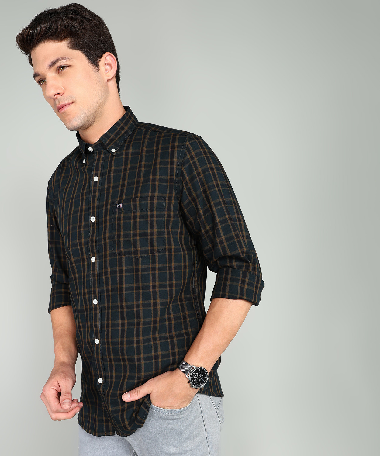 Image of Arrow Sport Men Checkered Casual Green Shirt