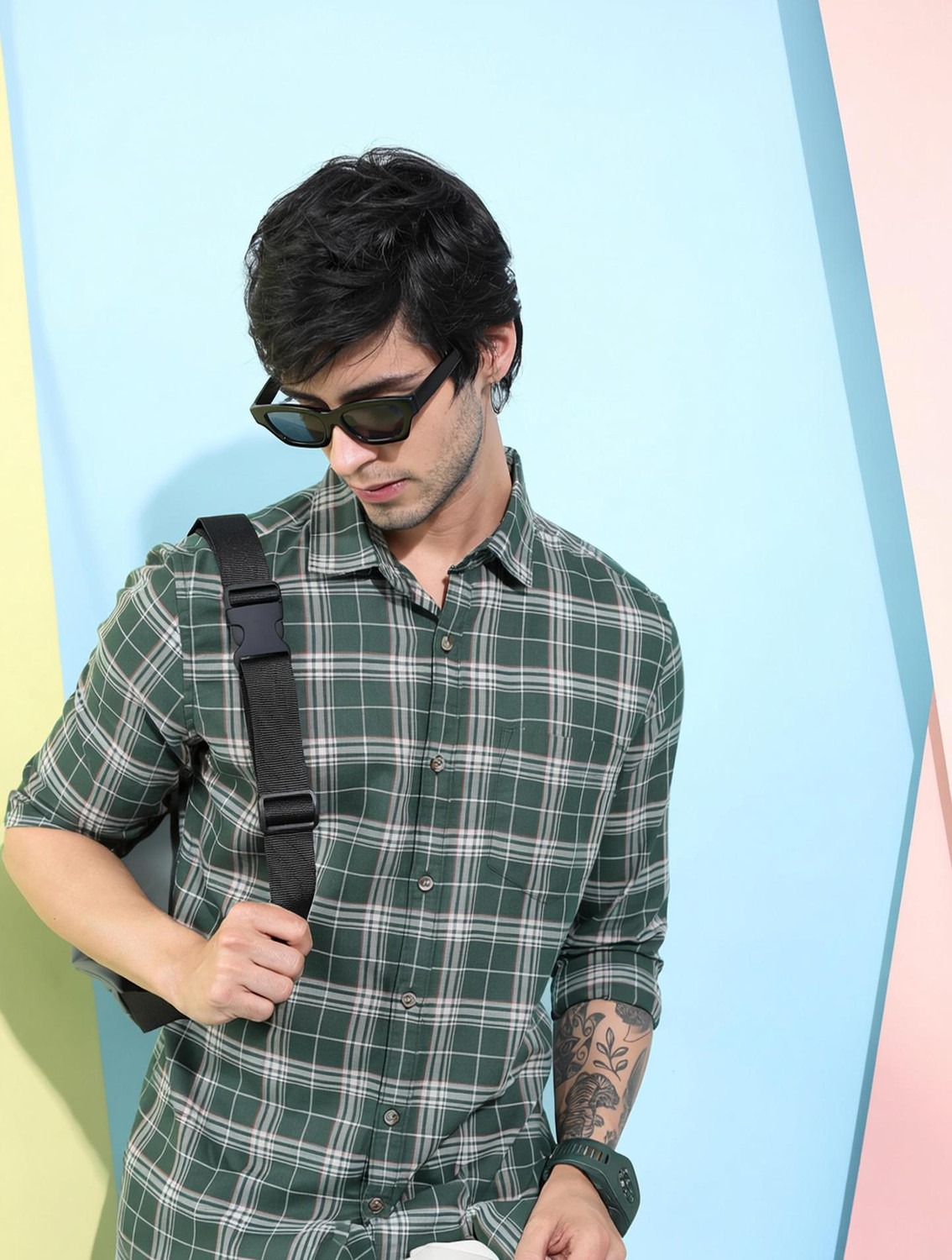Image of HIGHLANDER Men Checkered Casual Green Shirt