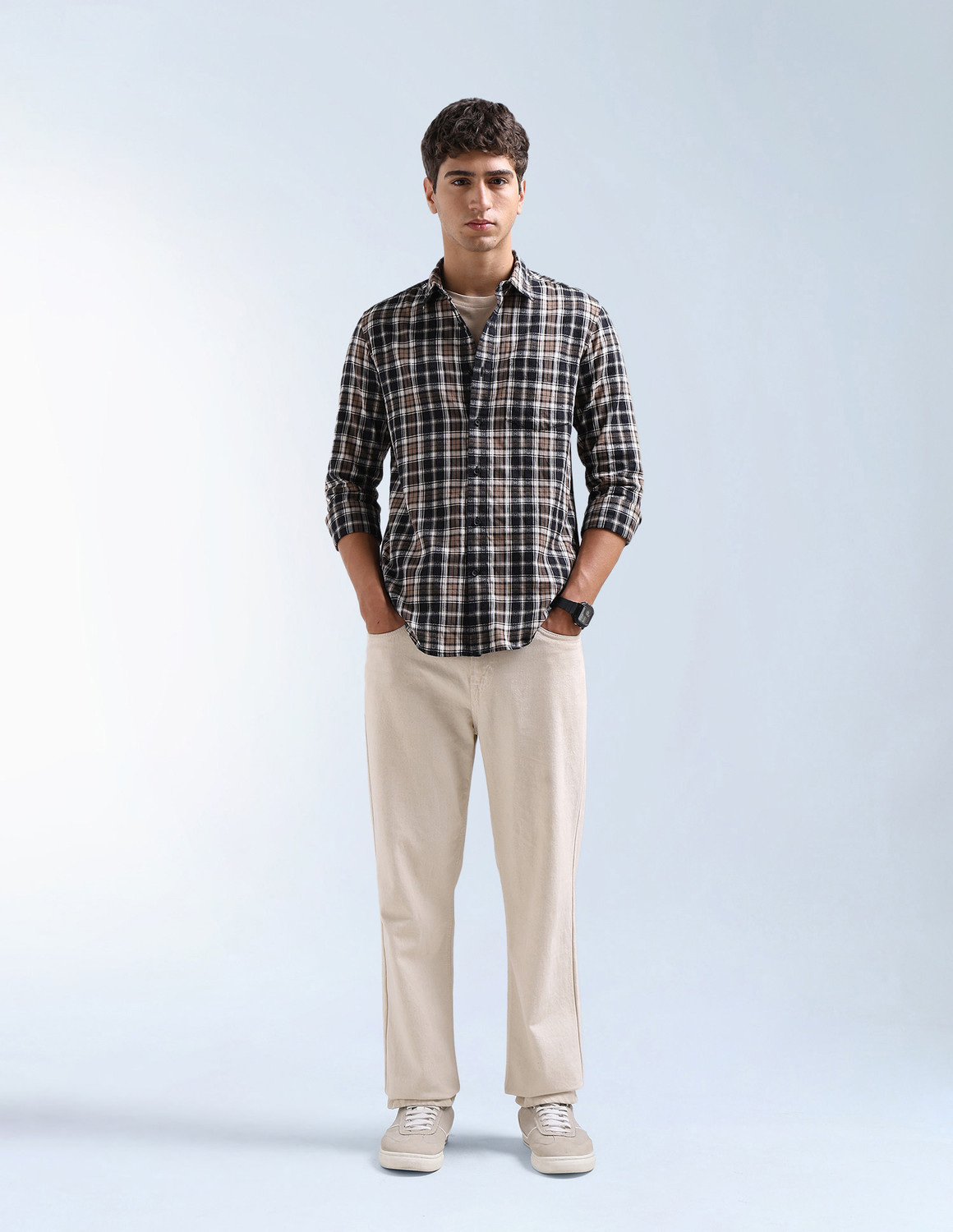 Image of FLYING MACHINE Men Checkered Casual Brown Shirt