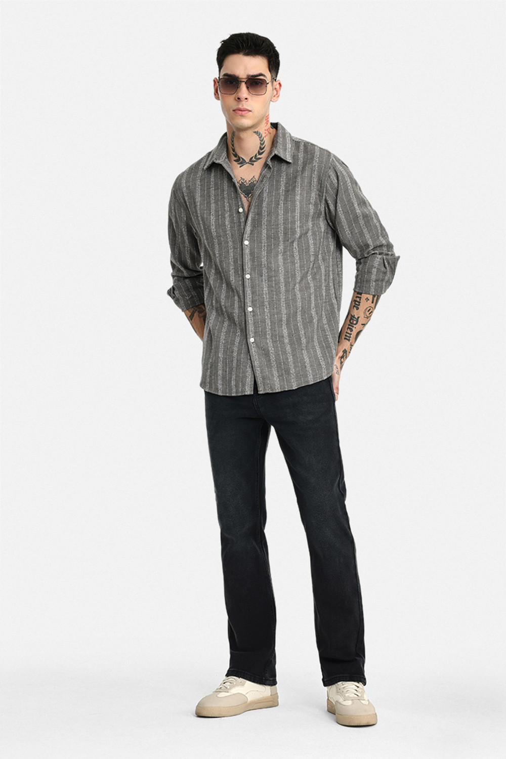 Image of Snitch Men Striped Casual Grey Shirt