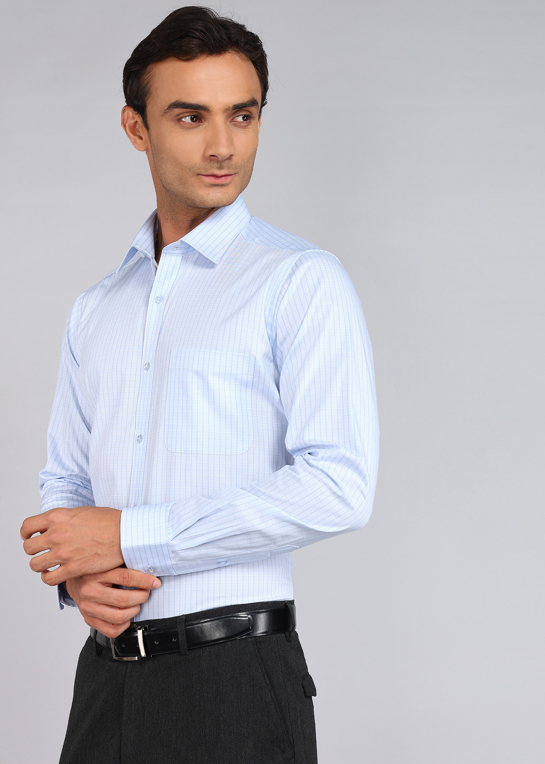 Image of Raymond Men Checkered Formal Blue Shirt