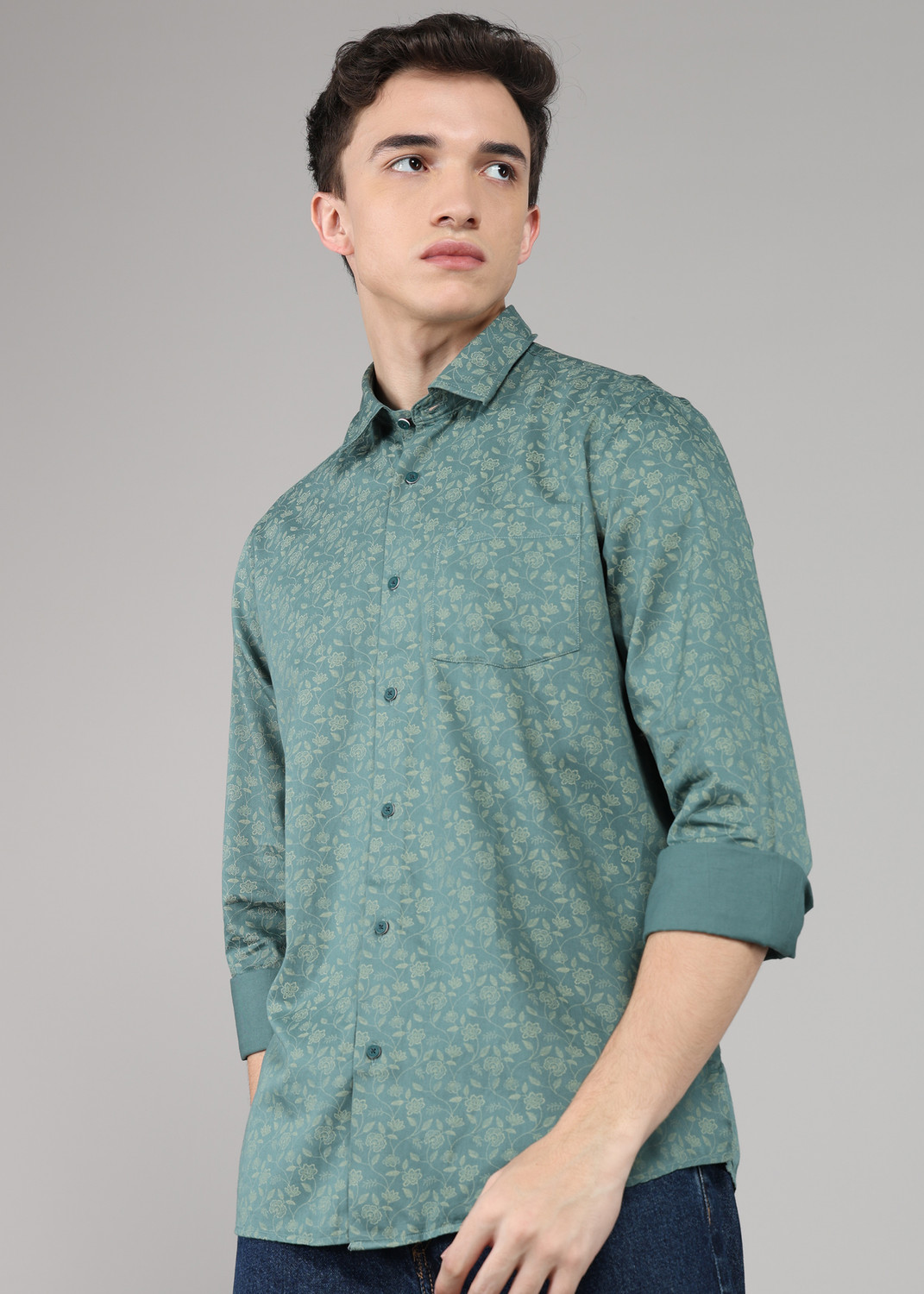 Image of Blackberrys Men Printed Casual Green Shirt