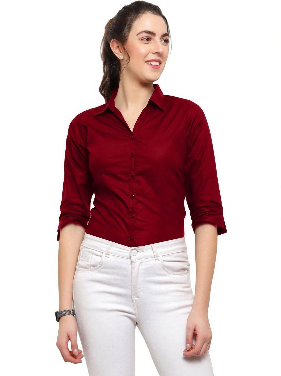 Blue Ronin Women Solid Casual Maroon Shirt