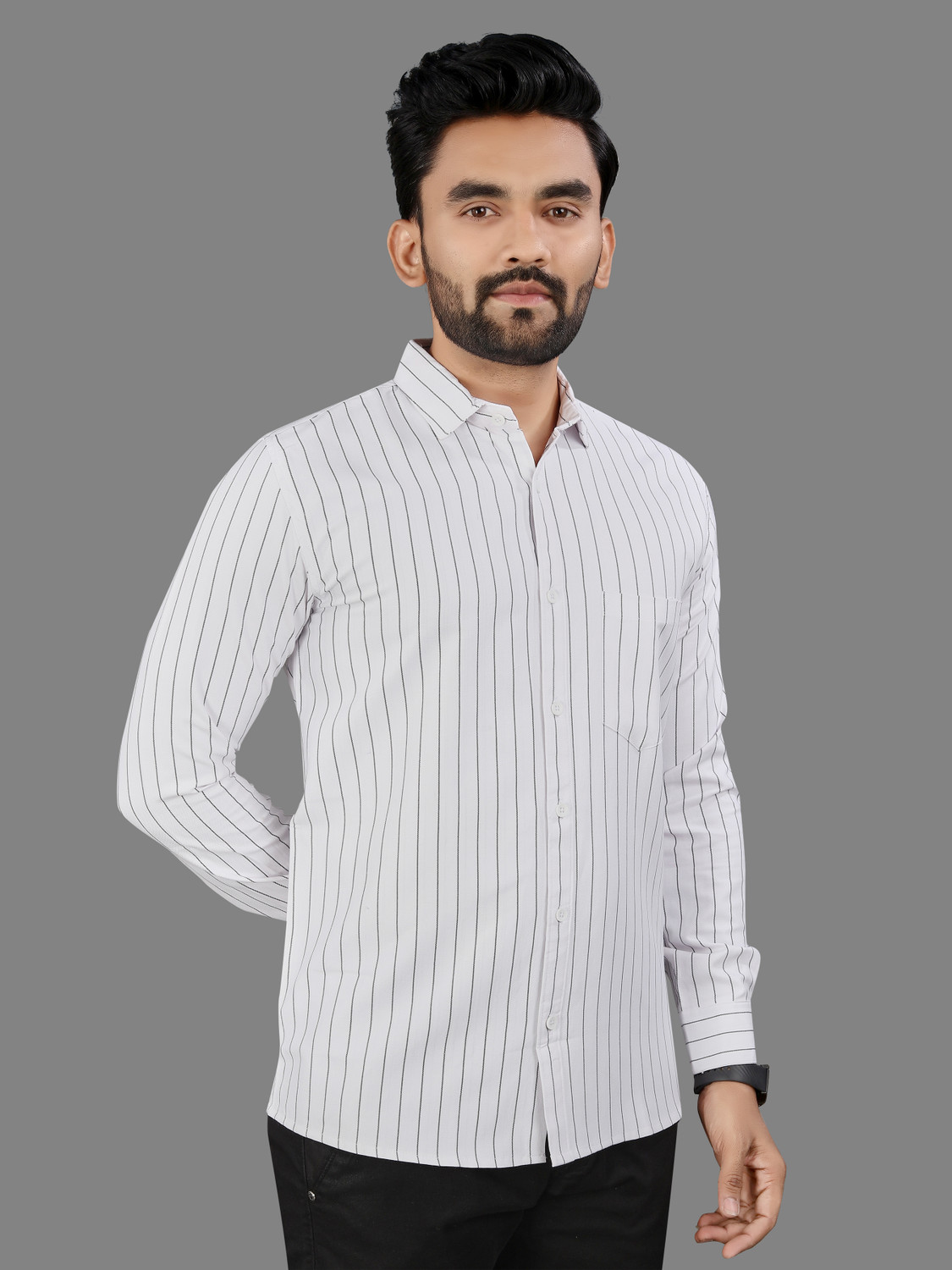Image of MILDIN Men Striped Formal White Shirt
