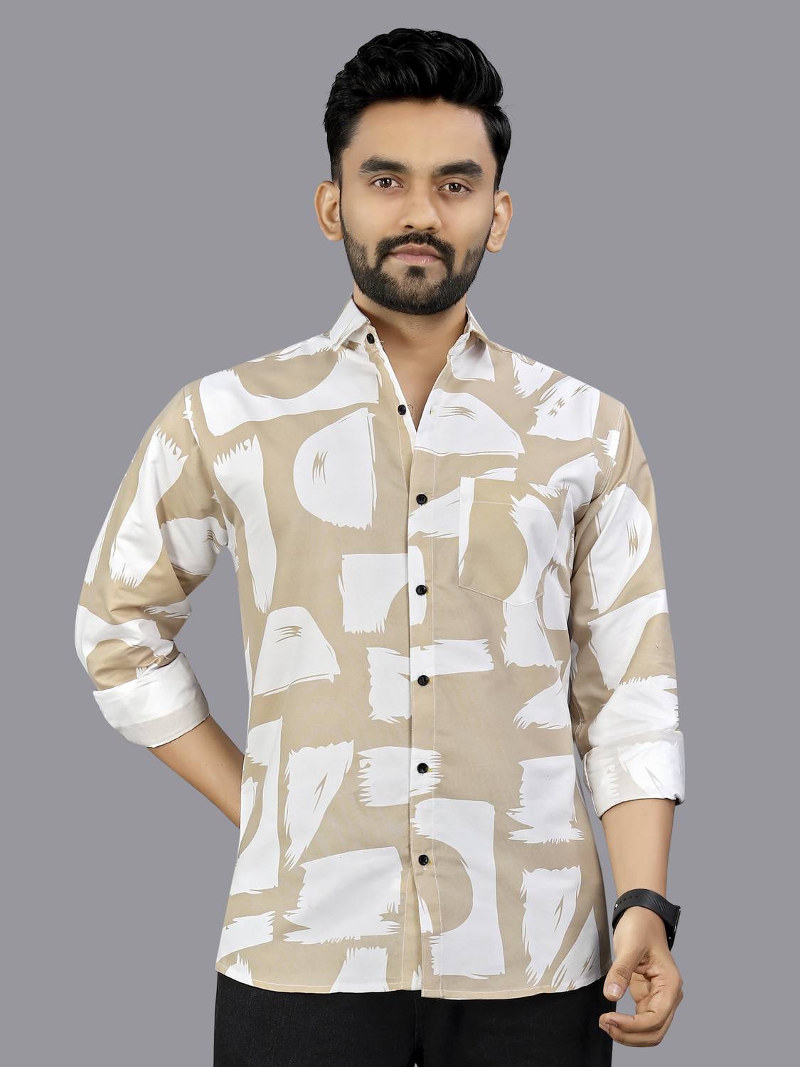 ADWYN PETER Men Printed Casual White, Beige Shirt
