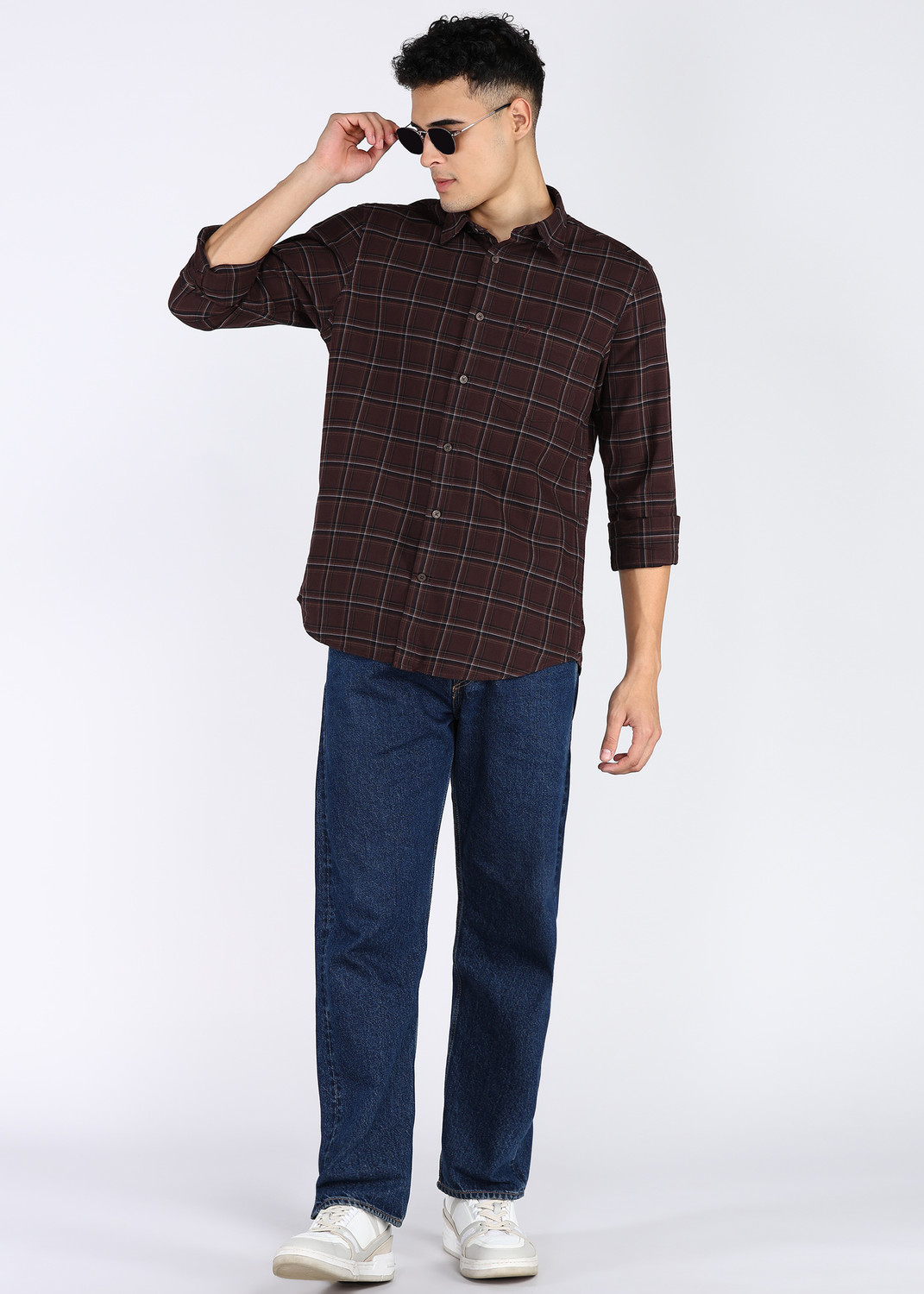 Image of INDIAN TERRAIN Men Checkered Casual Brown Shirt