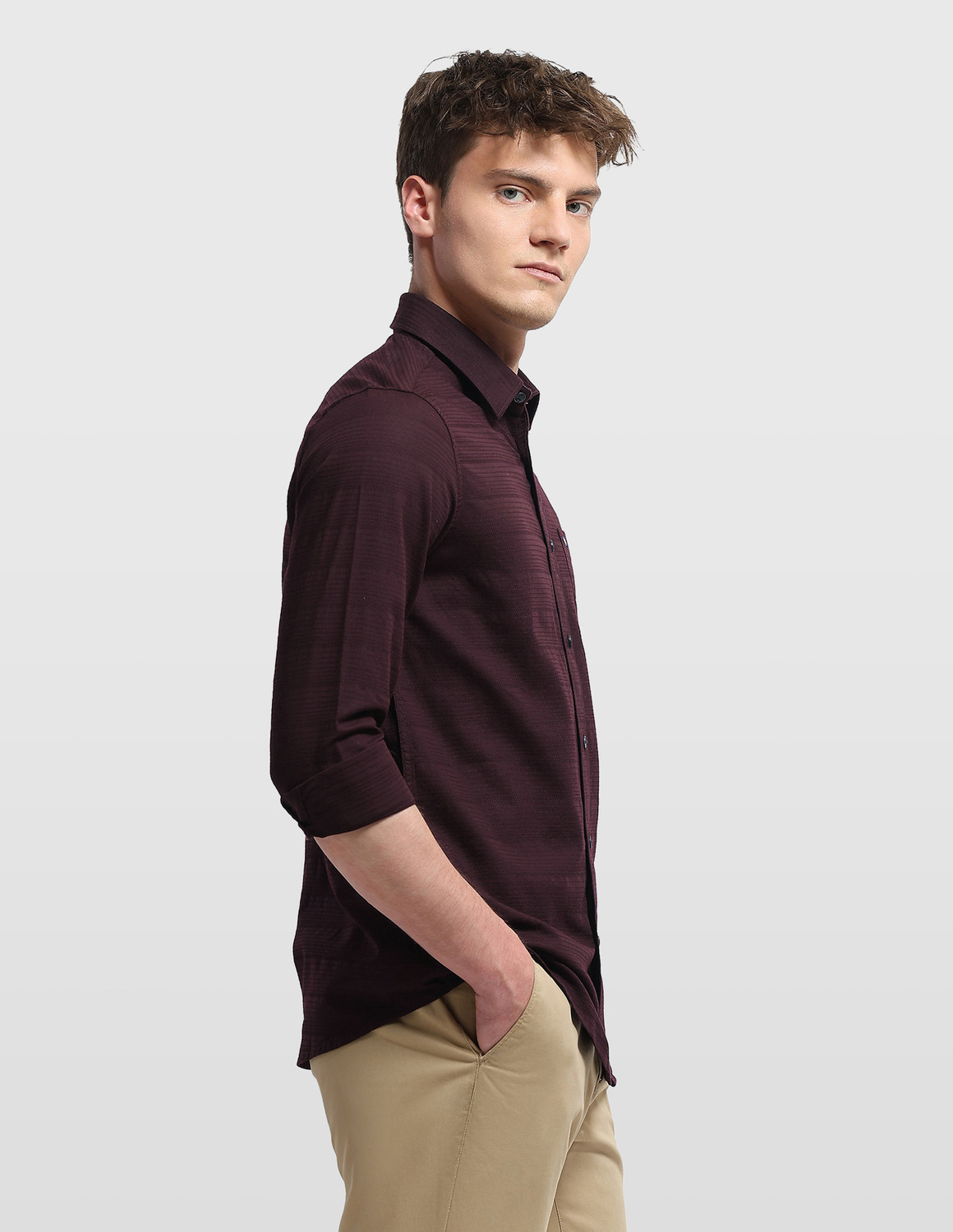 Image of Arrow Sport Men Striped Casual Maroon Shirt